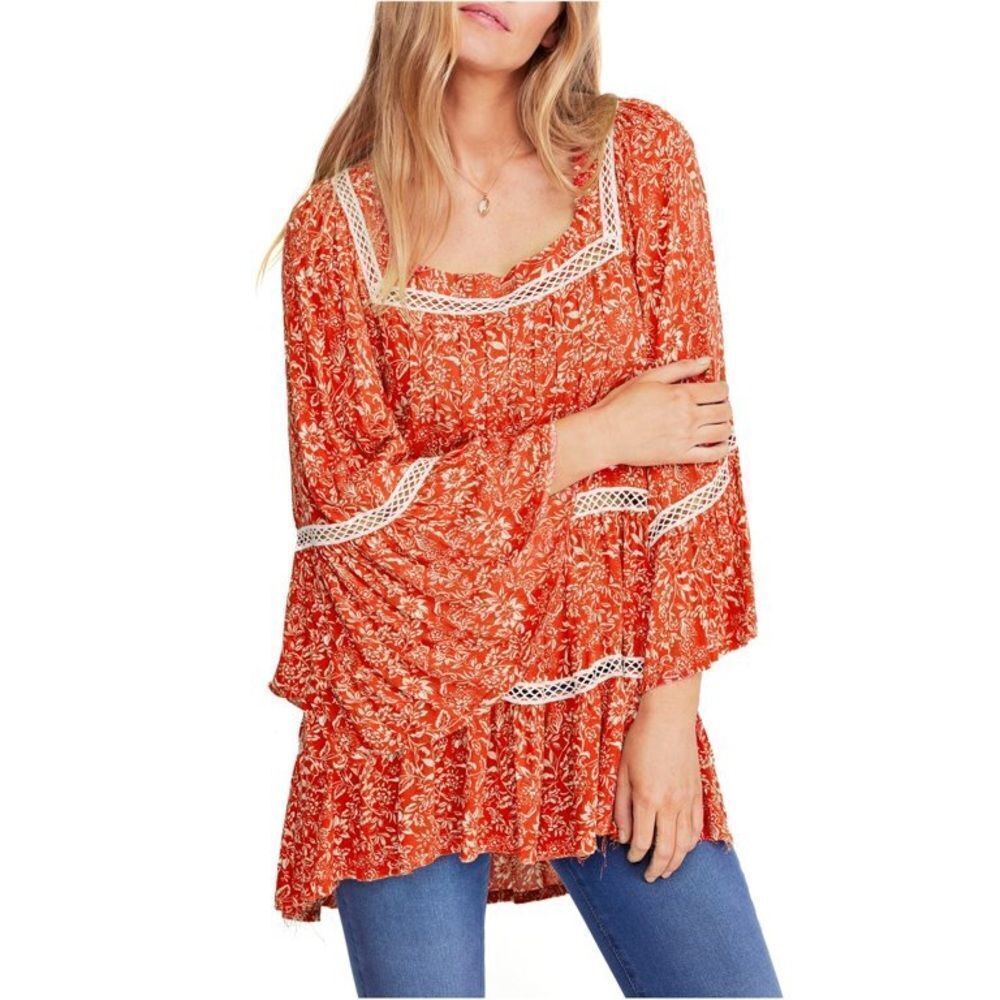 Free people talk about it tunic orange boho floral top size small